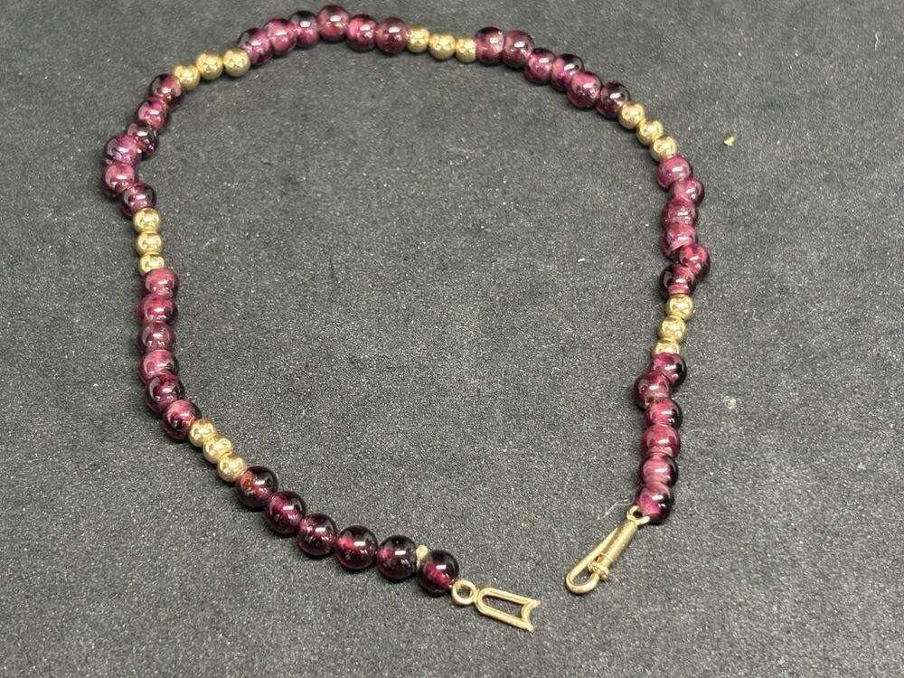 Vintage Gold Filled Polished Round 3mm Garnet Bead Tennis Bracelet 8”